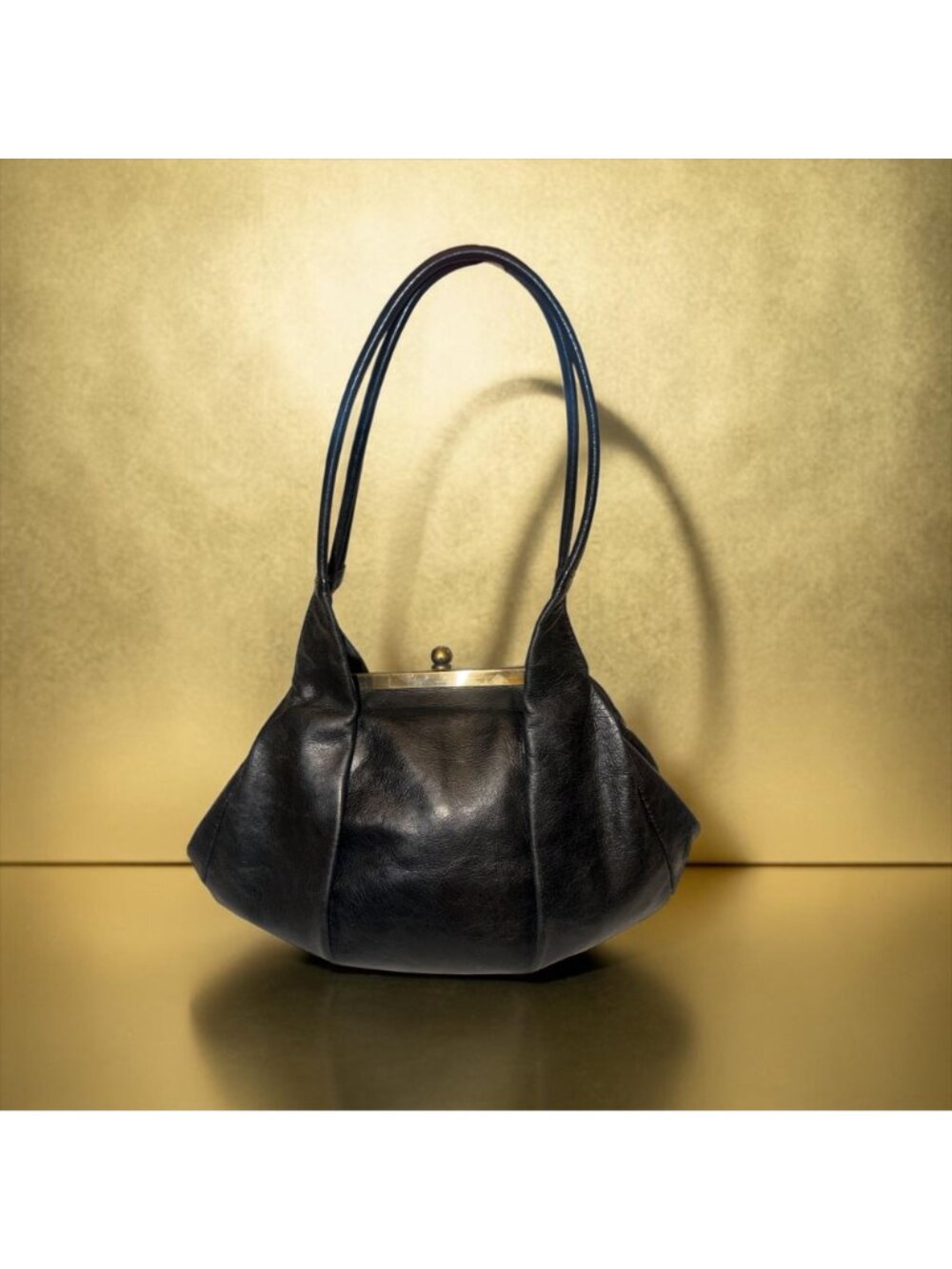 VTG HOBO Blanche Bag Black Glazed Nappa Leather Fortune Cookie Frame Satchel Y2K - Picture 9 of 10